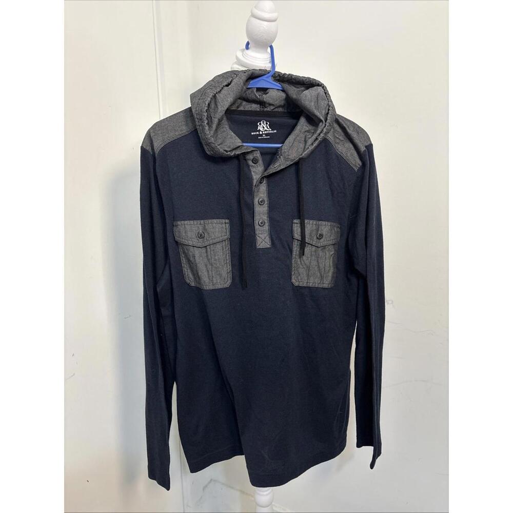 Rock & Republic Gray & NavyLong Sleeve Pullover Hooded Top Men's XLarge